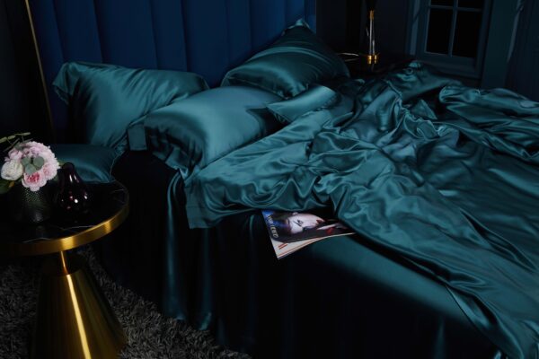 Peacock Blue 30 Momme 4PCs Silk Sheet Set - Image 6
